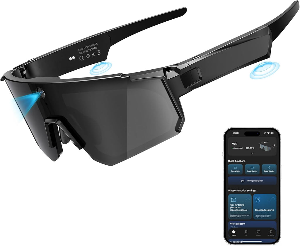 Lunettes intelligentes IA doté de caméra, enregistrement vidéo 4K, lunettes de soleil de sport polarisées doté de stabilisation EIS, double microphone et réduction du bruit, IP66, compatible ChatGPT