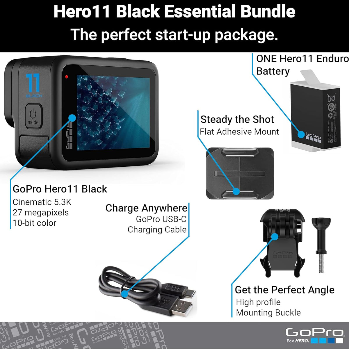 GoPro HERO11 Black – Emballage e-commerce – Caméra sportive résistant à l’eau doté de vidéo Ultra HD 5,3K60, photos 27 MP, capteur d'image 1/1,9", streaming en direct, stabilisation webcam