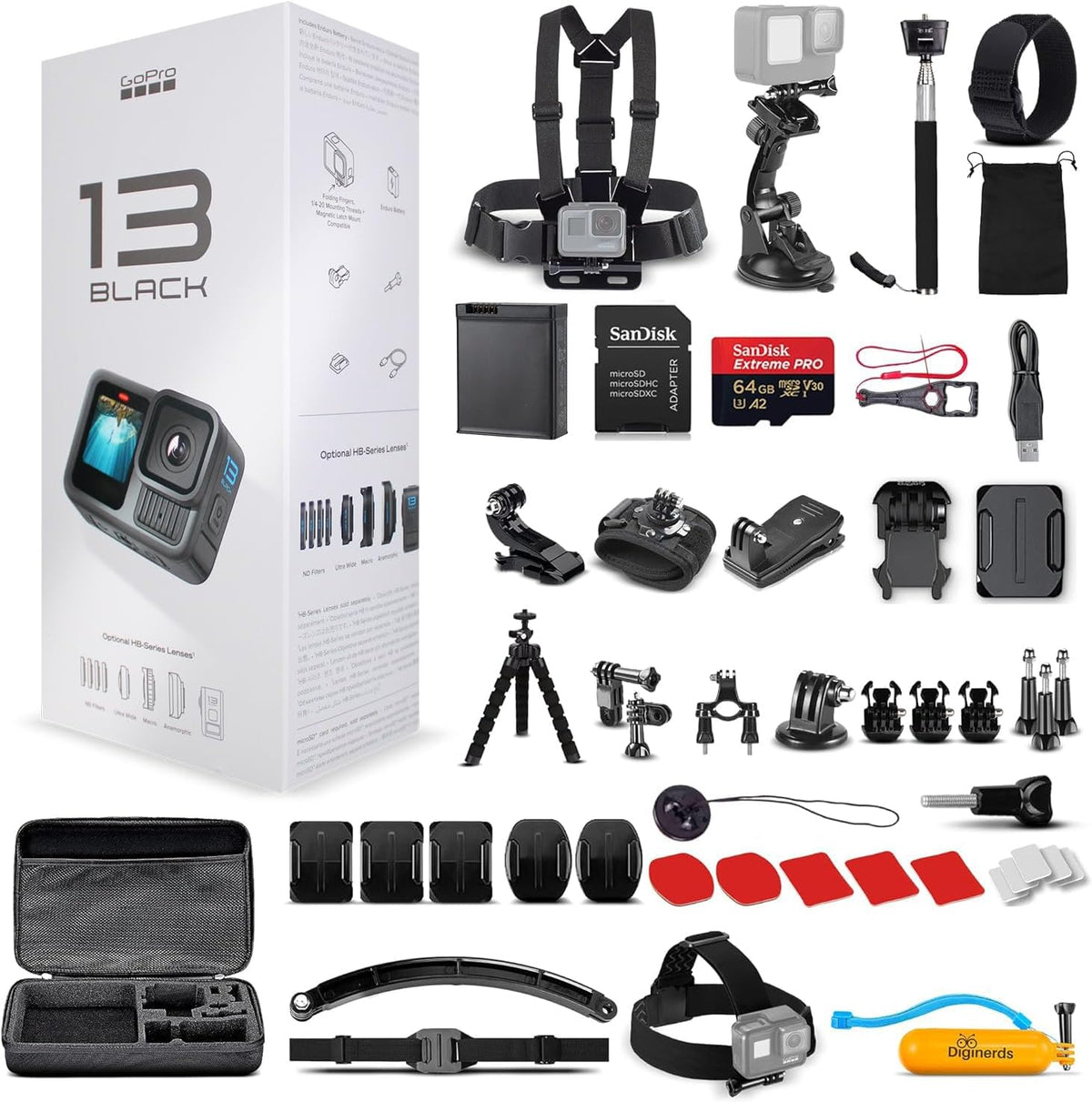 GoPro HERO13 (Hero 13) Noire - Caméra sportive résistant à l’eau doté de vidéo HDR 5,3K, photos 27 MP, capteur d'image 1/1,9", webcam stabilisée pour le streaming en direct + carte mémoire 64 Go et kit de 50 accessoires - Pack