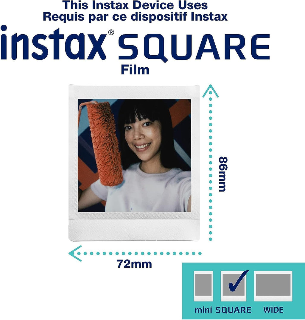Appareil photo instantané Fujifilm Instax Square SQ40 Noir Vintage, pack comprenant un paquet de films Fuji Instax (20 poses), un étui de transport et un chiffon de nettoyage – Présentation