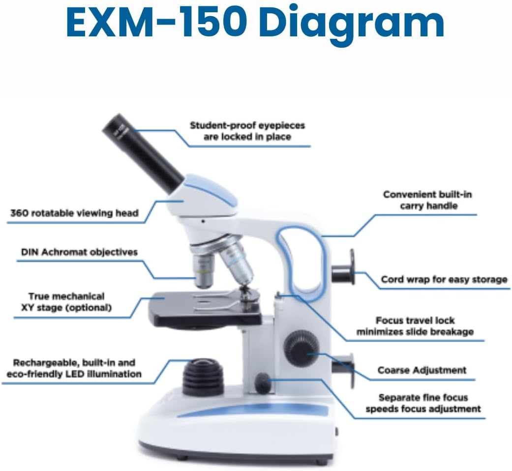 Microscope composé Accu-Scope EXM-150 - Tête monoculaire, grossissement 40-400x, diaphragme à disque, sans fil, éclairage LED - Microscope biologique résistant aux chocs, idéal pour les étudiants, les laboratoires scolaires et la maison…