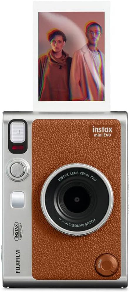 Appareil photo instantané hybride FUJIFILM INSTAX MINI EVO (marron) doté de pack de 40 films instantanés Fuji Instax Mini, carte de stockage 32 Go, étui de transport, album photo 64 pochettes et chiffon de nettoyage.