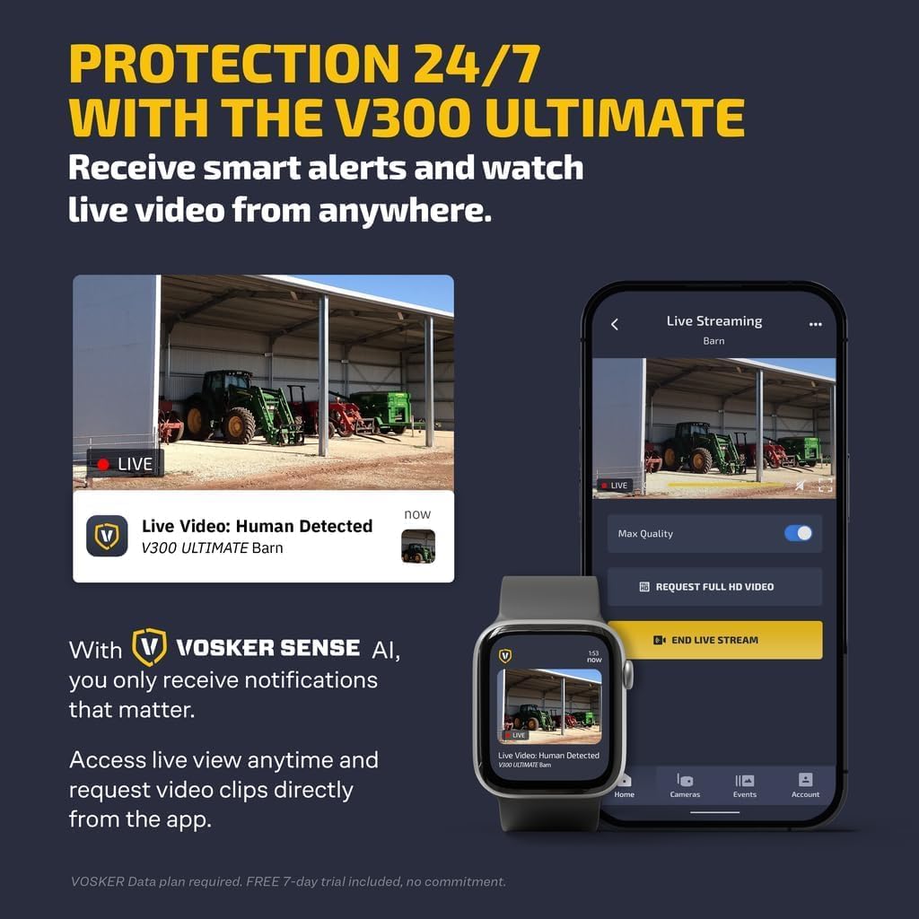 Caméra de surveillance extérieure Vosker V300 Ultimate Farmers Kit avec panneau solaire externe pour fermes, pâturages et serres, 4G LTE, - Noire, unité unique avec batterie