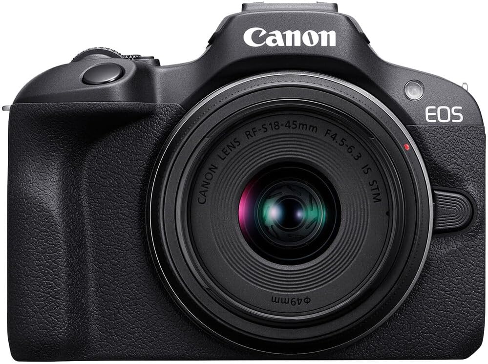 Appareil photo hybride Canon EOS R100 doté de objectif RF-S 18-45 mm F4.5-6.3 IS STM, capteur CMOS 24,1 mégapixels (APS-C), vidéo 4K, monture RF | Noir | Livré doté de carte de stockage 64 Go et sacoche (3 articles)