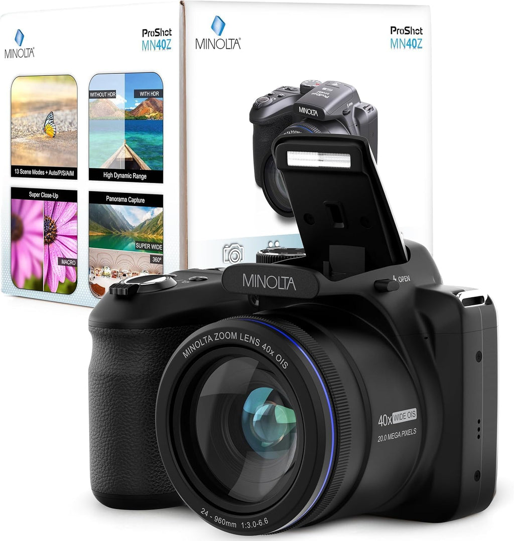 Appareil photo numérique Minolta MN40Z 20 MP – Zoom optique 40x, vidéo Full HD 1080p, écran LCD 3 pouces, Wi-Fi, détection des visages, des sourires et des clignements d'yeux - Noir