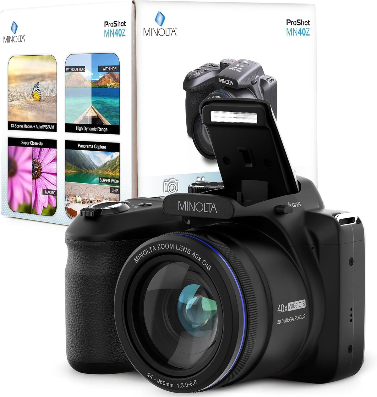 Appareil photo numérique Minolta MN40Z 20 MP – Zoom optique 40x, vidéo Full HD 1080p, écran LCD 3 pouces, Wi-Fi, détection des visages, des sourires et des clignements d'yeux - Noir