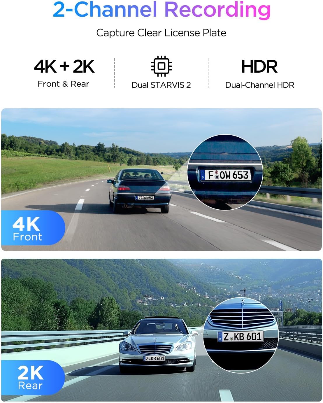 Caméra embarquée VIOFO A329S 4K 60 ips, double caméra avant et arrière 4K+2K, mode parking écoénergétique, Wi-Fi 6, contrôle via application, double capteur STARVIS 2, compatible doté de SSD jusqu'à 4 To