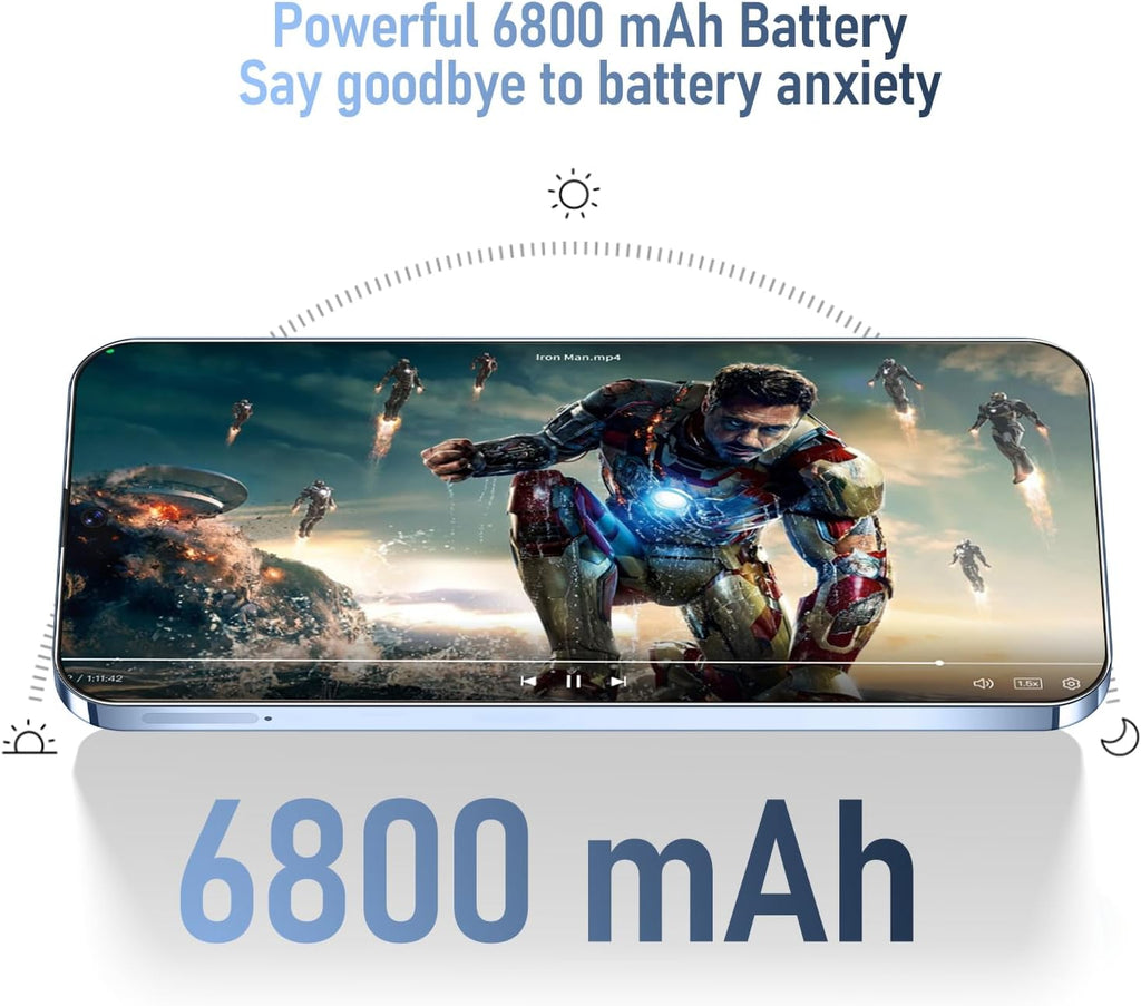 Téléphone portable Android I24 Ultra débloqué, 8 Go + 256 Go, écran HD 7 pouces, double caméra 108 MP + 48 MP, batterie extra large 6800 mAh, 5G, double SIM (Bleu titane) – Présentation