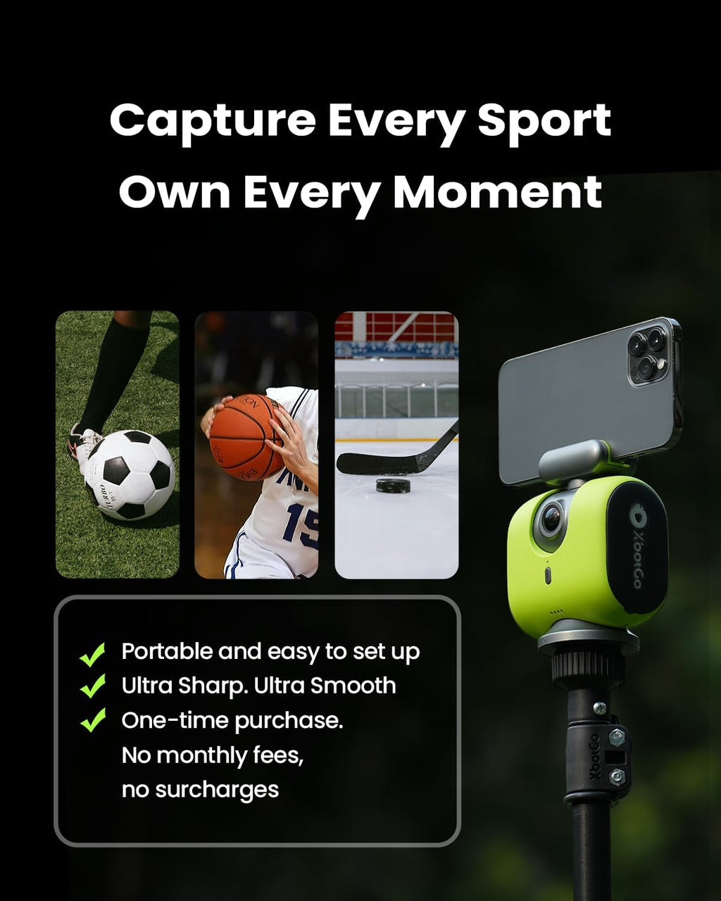 Caméra sportive sportive automatique XbotGo Chameleon AI - Caméra de suivi 4K 60 FPS pour le football et le basketball, adaptée à la streaming en direct des sports d'équipe. Sans abonnement. Compatible iOS et Android (Lava Graphite).
