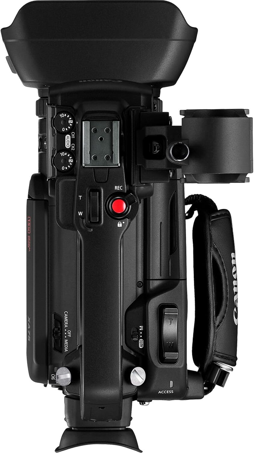 Caméscope professionnel Canon XA75 UHD 4K doté de zoom optique 15x, capteur CMOS 1 pouce, double sortie audio XLR, sorties SDI et HDMI, autofocus Dual Pixel, USB-C, streaming en direct et stabilisation 5 axes (inclus).