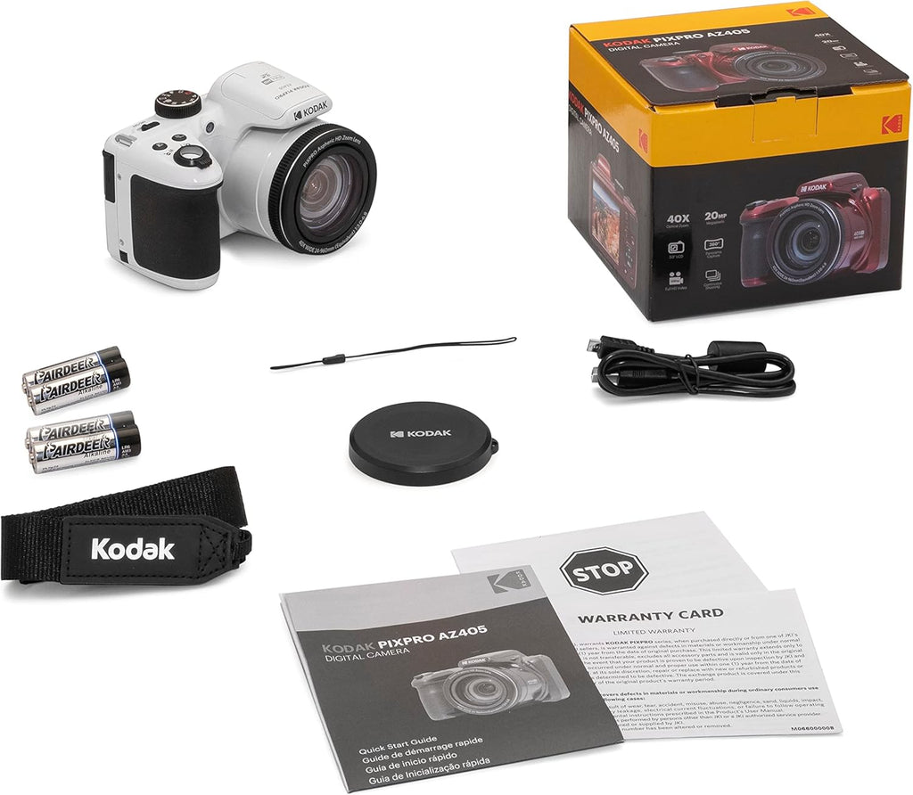 Kodak PIXPRO AZ405-WH Appareil photo digital 20 MP, grossissement optique 40x, objectif grand angle 24 mm, stabilisation vidéo optique, vidéo Full HD 1080p, écran LCD 3 pouces, caméra de vlogging (blanche), plein format