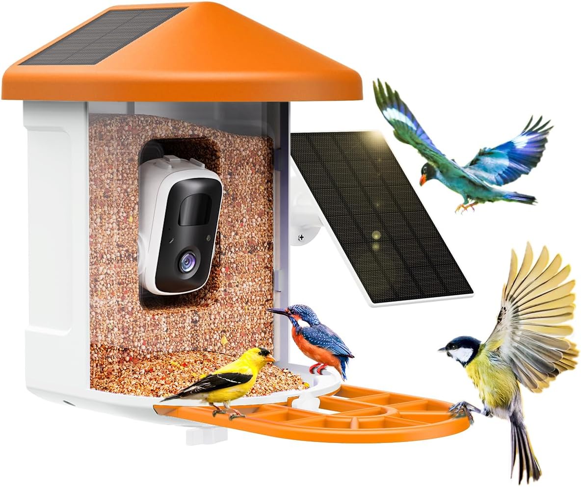 Mangeoire à oiseaux doté de caméra, identification des espèces d'oiseaux par IA, panneau solaire, nichoir intelligent doté de caméra, vue en direct 2K, alertes d'arrivée instantanées (Orange/Mangeoire à oiseaux doté de caméra (Orange))