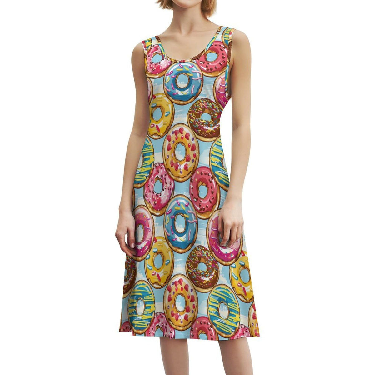 Robe longue maxi sans manches à motifs de beignets colorés, style décontracté et amusant, avec débardeur.