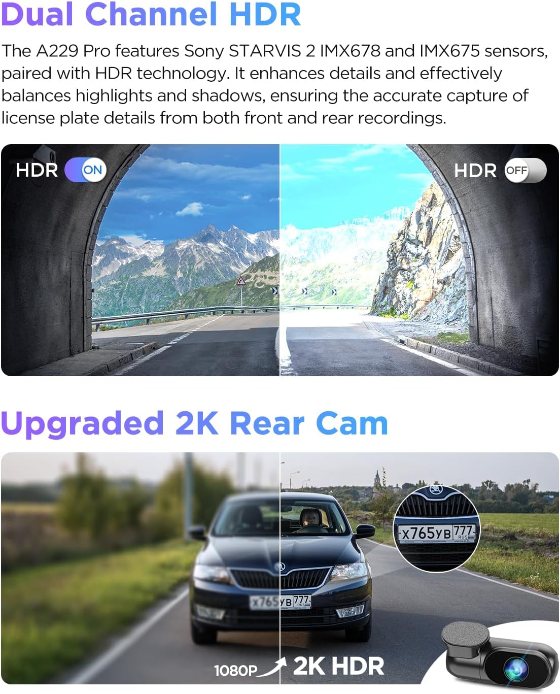 Caméra embarquée VIOFO A229 Pro 4K HDR, double capteur STARVIS 2 IMX678/IMX675, caméra avant et arrière 4K+2K, 2 canaux, HDR, commande vocale, Wi-Fi 5 GHz, GPS, vision nocturne 2.0, mode parking 24h – Présentation