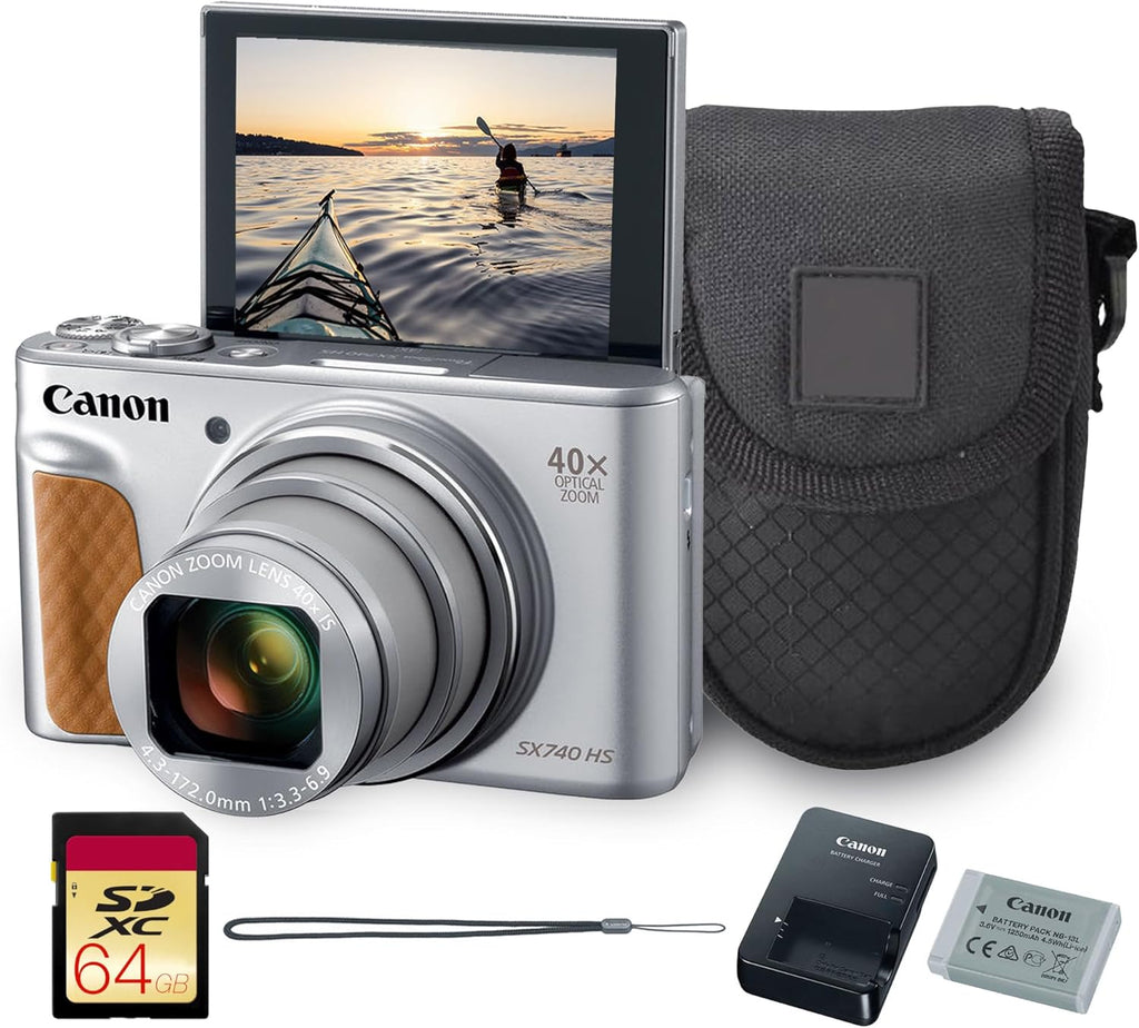 Appareil photo digital Canon PowerShot SX740 HS (argent) – 20,3 Mpx, grossissement optique 40x, vidéo 4K UHD, Wi-Fi et Bluetooth, compact et adapté aux déplacements (2956C001) + étui + carte de stockage 64 Go