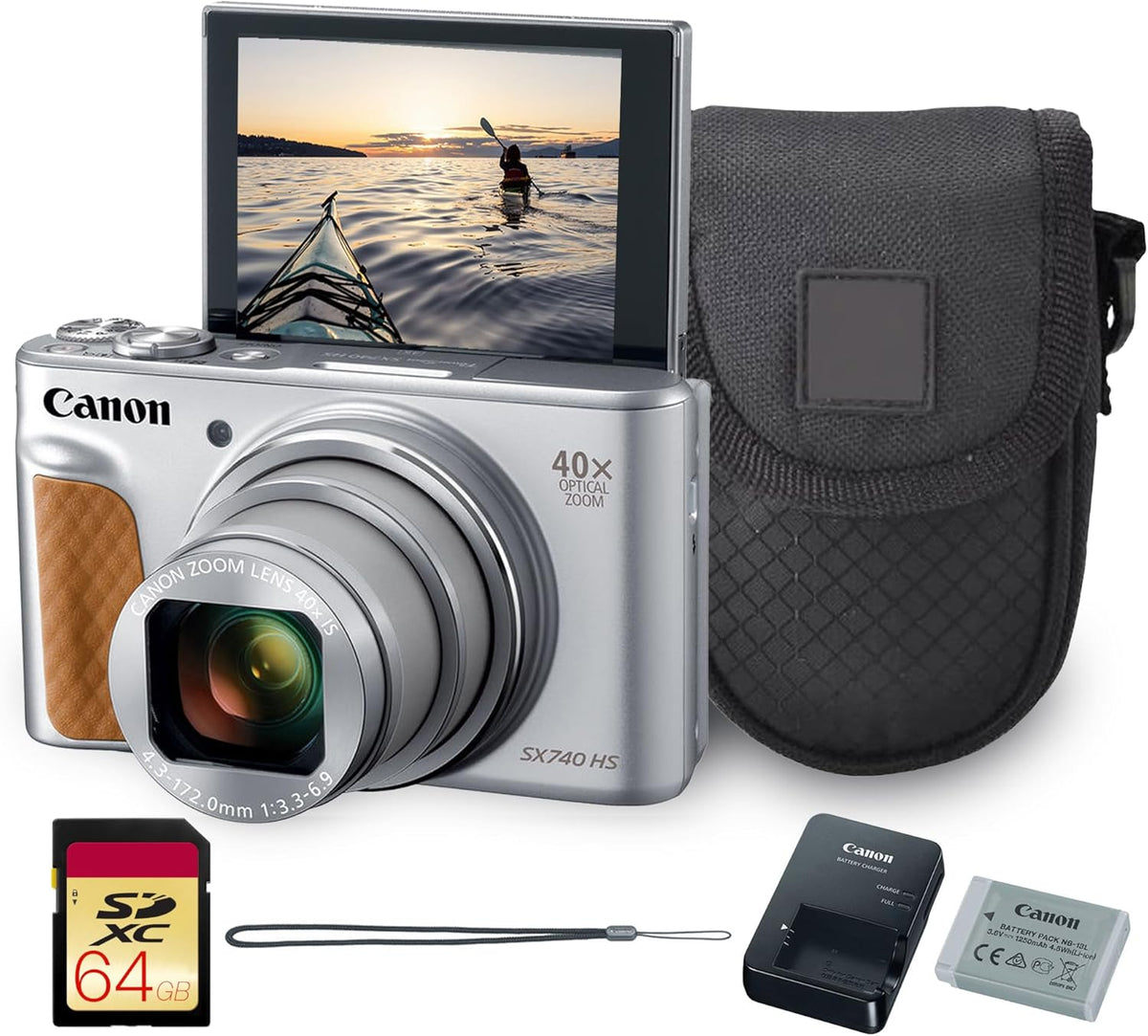 Appareil photo digital Canon PowerShot SX740 HS (argent) – 20,3 Mpx, grossissement optique 40x, vidéo 4K UHD, Wi-Fi et Bluetooth, compact et adapté aux déplacements (2956C001) + étui + carte de stockage 64 Go