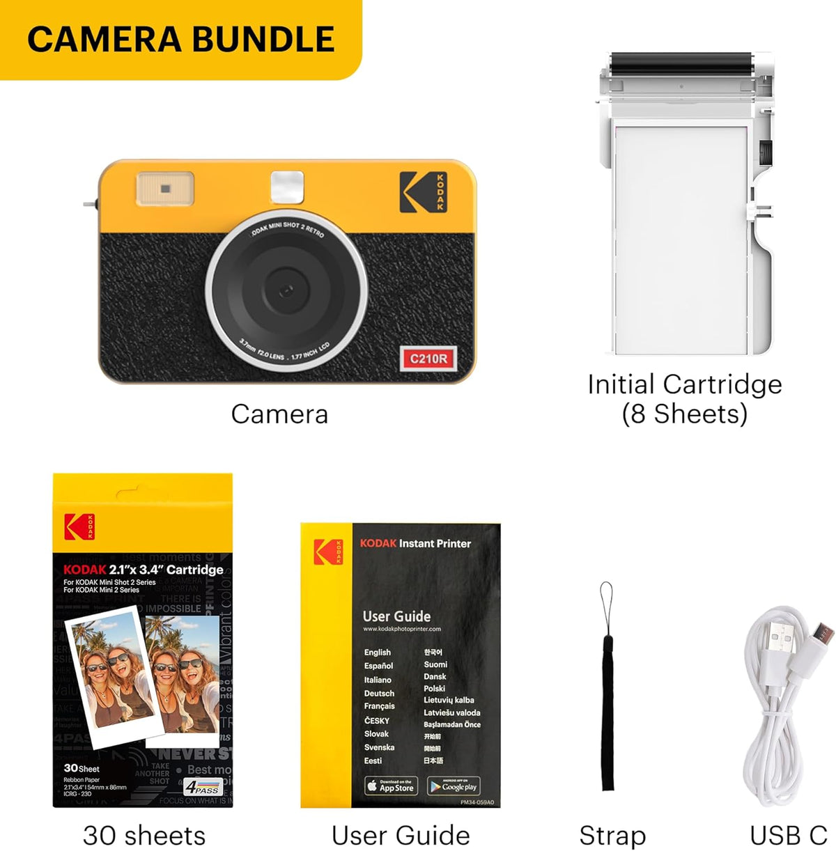 Kodak Mini Shot 2 Appareil photo instantané portable sans fil rétro et imprimante photo intégrée - Blanc - 60 feuilles – Présentation