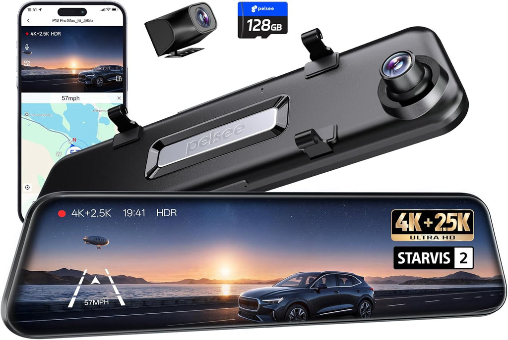 Caméra embarquée Pelsee 4K+2,5K doté de rétroviseur, caméra avant Starvis 2 IMX678 et caméra arrière IMX335 12 pouces, vision nocturne couleur, Wi-Fi 5,8 GHz, ADAS et BSD inclus, kit de câblage OBD, carte de stockage 128 Go, P12 Pro Max