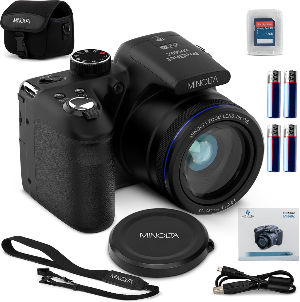 Appareil photo numérique Minolta MN40Z 20 MP – Zoom optique 40x, vidéo Full HD 1080p, écran LCD 3 pouces, Wi-Fi, détection des visages, des sourires et des clignements d'yeux - Noir