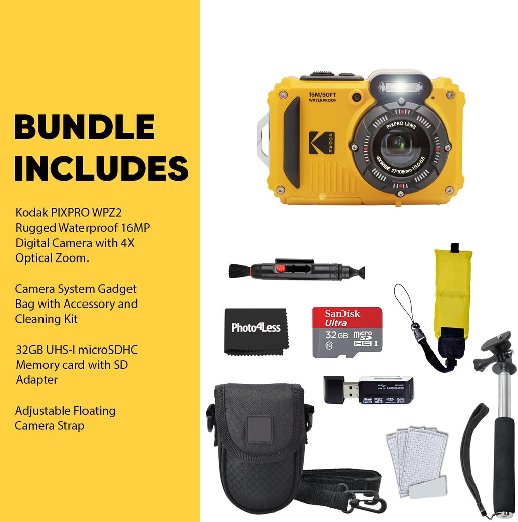 Kodak PIXPRO WPZ2 Appareil photo digital robuste, résistant à l’eau et antichoc 16 MP, grossissement optique 4x, vidéo Full HD 1080p, écran LCD 2,7 pouces (jaune), carte SD 32 Go, étui compact - Noir, dragonne flottante (lot de 7)