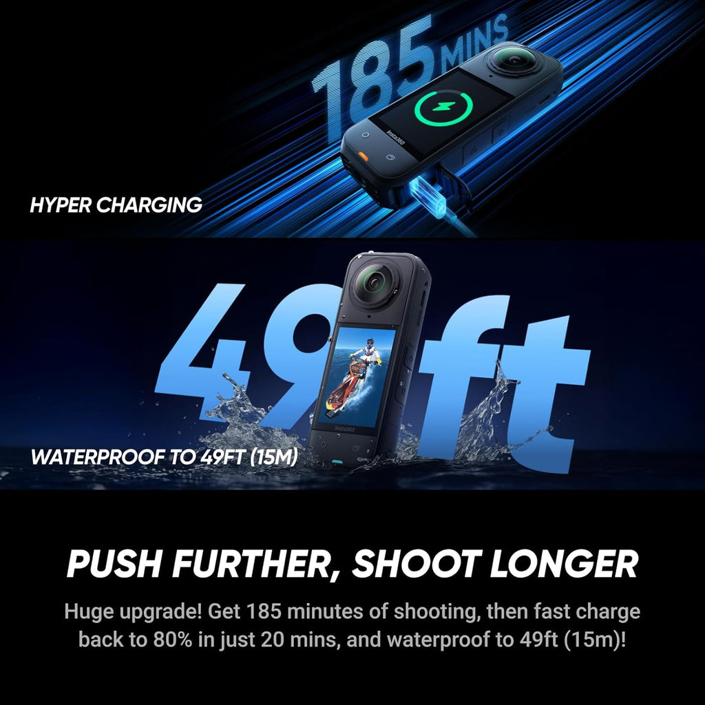 Insta360 X5 - Caméra d'action 360° 8K étanche, performante en basse lumière, effet perche à selfie invisible, objectif robuste et remplaçable, autonomie de 3 heures, stabilisation anti-vent intégrée, triple puce IA – Présentation