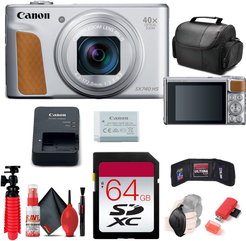 Appareil photo digital Canon PowerShot SX740 HS (argent) (2956C001) + carte de stockage 64 Go + lecteur de cartes + sacoche souple de luxe + trépied flexible + dragonne + étui pour carte de stockage + kit de nettoyage