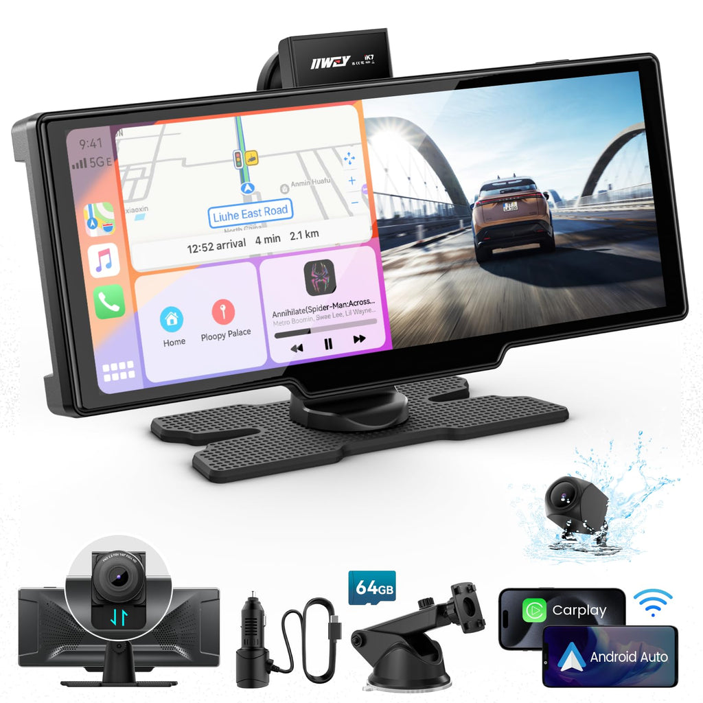 Écran portable IIWEY Apple CarPlay 10 pouces, autoradio doté de caméra embarquée 4K