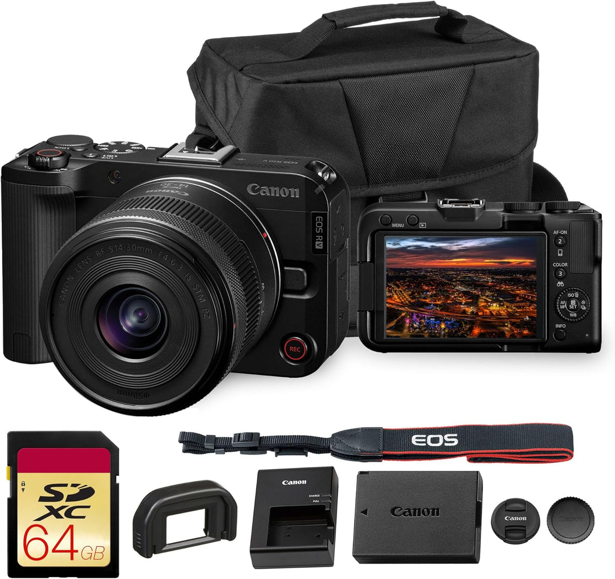 Appareil photo hybride Canon EOS R50 V avec objectif RF-S 14-30 mm f/4-6.3 | Vidéo 4K, autofocus Dual Pixel, écran orientable | Kit compact pour vlogs avec monture RF, sacoche et carte de stockage 64 Go