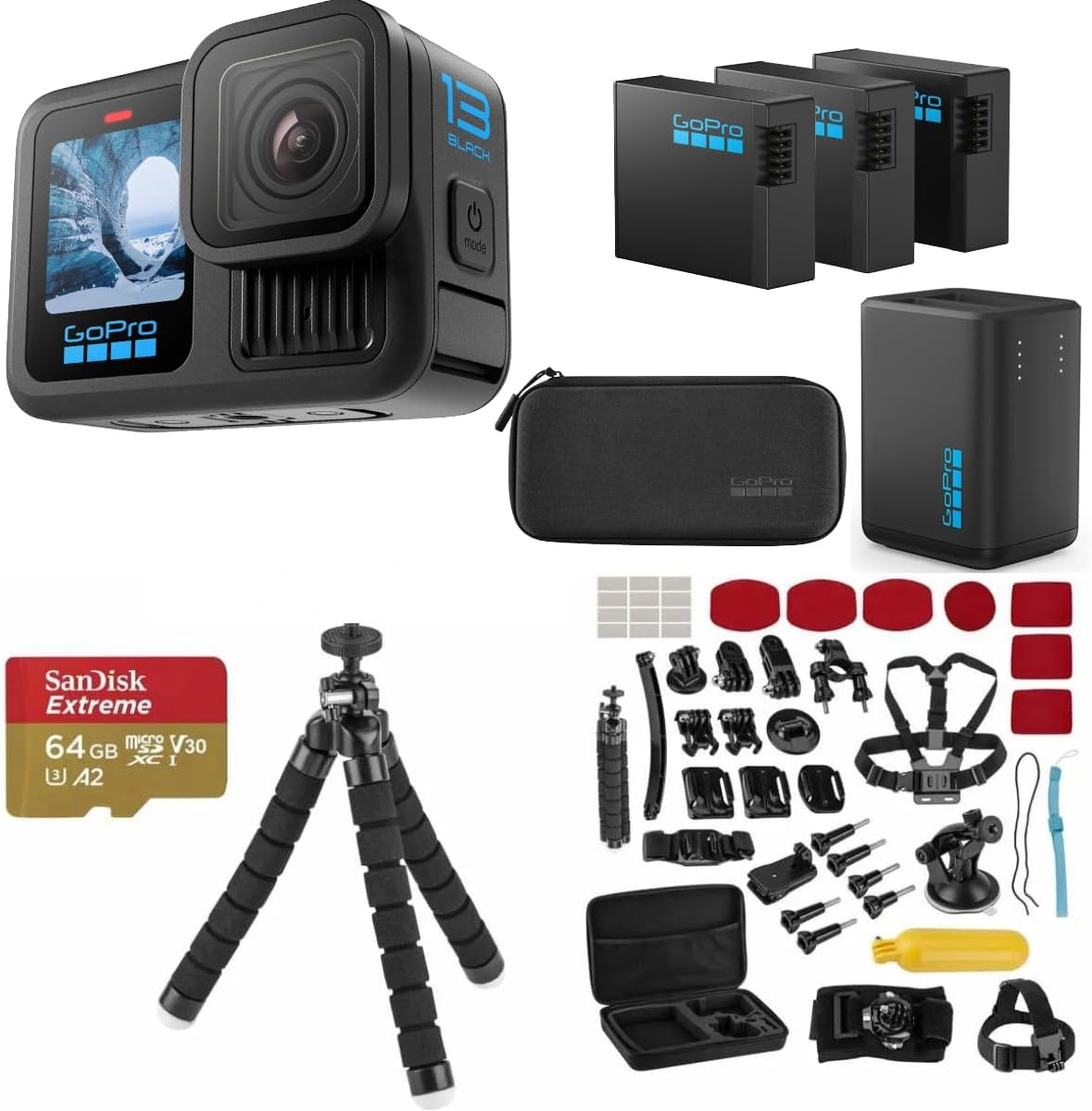 Kit caméra d'action GoPro HERO13 Black avec 3 batteries Enduro, double chargeur, carte microSD 64 Go et kit d'accessoires – Vidéo Ultra HD 5,3K, HyperSmooth 6.0, résistant à l’eau.