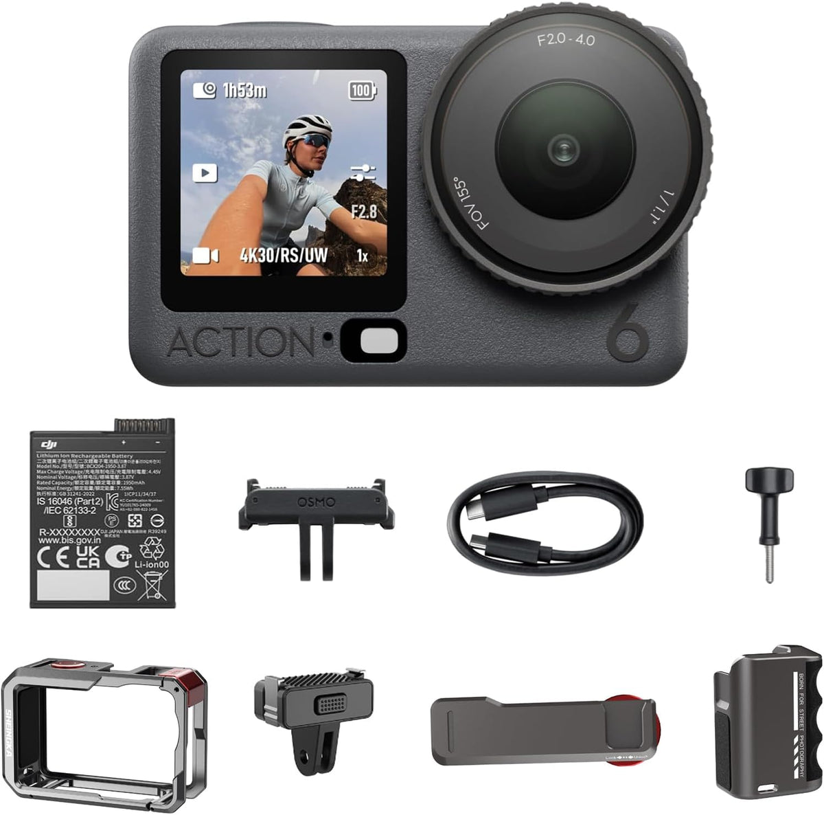 DJI Osmo Action 6 Essential Combo doté de poignée pour la photographie de rue. Caméra sportive doté de capteur carré 1/1,1″, ouverture variable de f/2.0 à f/4.0, enregistrement vidéo 8K, idéale pour une utilisation quotidienne.
