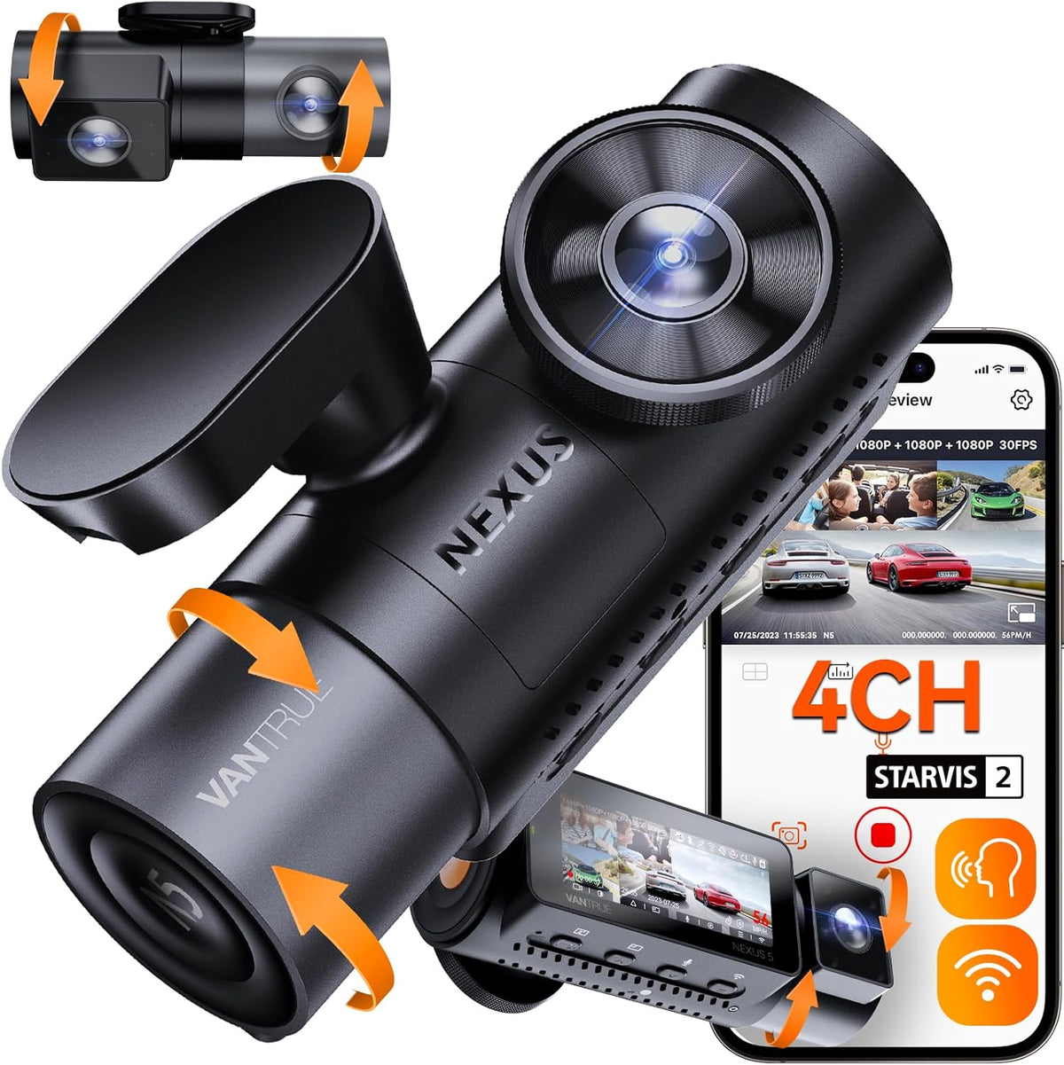 Caméra embarquée Vantrue N5 4 canaux WiFi 360° doté de vision nocturne infra– Rouge STARVIS 2, 2,7K + 1080P*3, caméra avant/arrière/intérieure, commande vocale, GPS, enregistrement en mémoire tampon 24 heures, mode parking