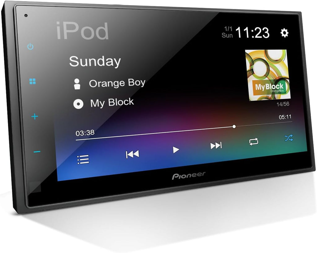 Autoradio Pioneer DMH-130BT 6,8" tactile résistif double DIN – Bluetooth, caméra de recul, USB, FLAC, radio AM/FM, châssis court, 4 x 50 W, entrée au volant – Présentation