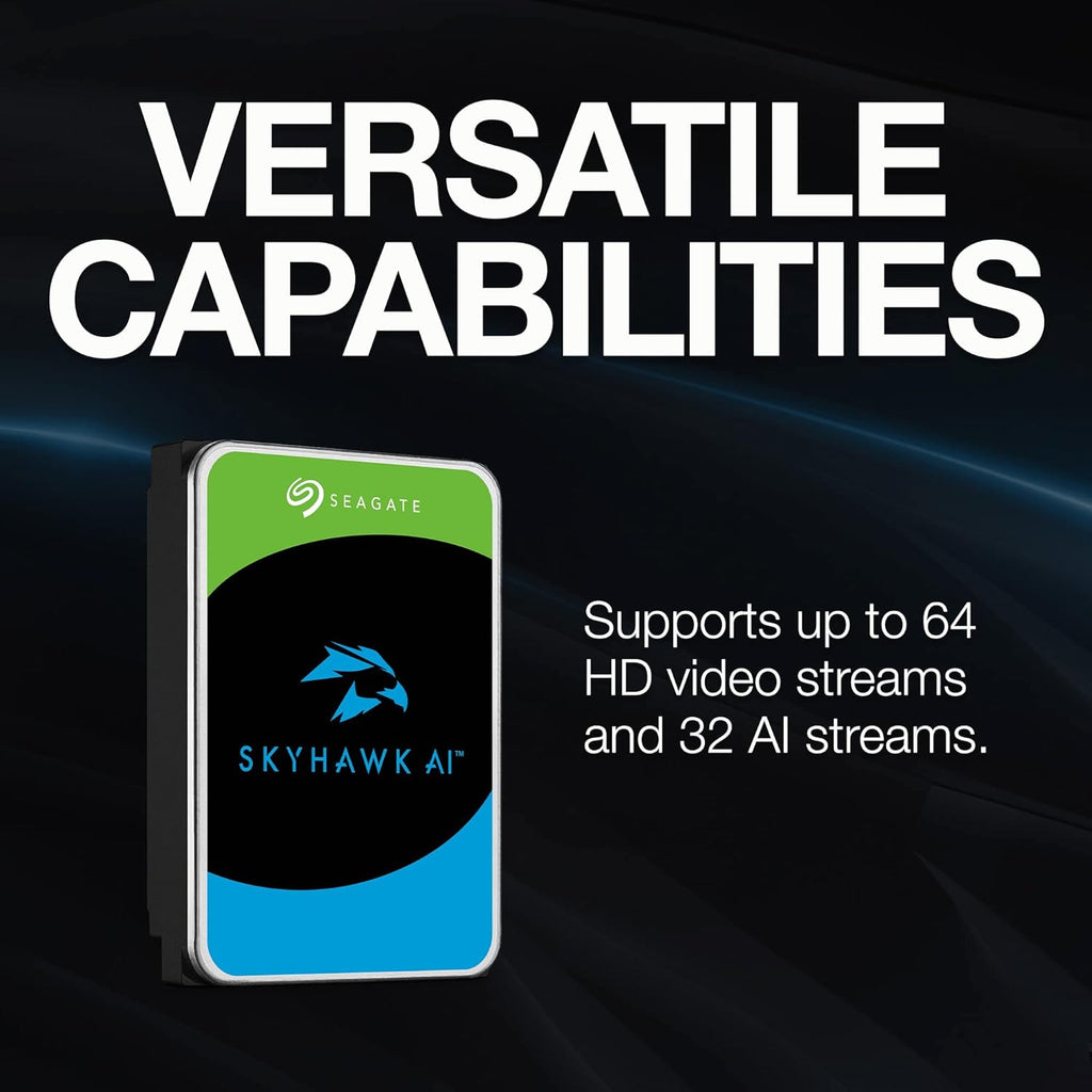 Disque dur interne vidéo Seagate Skyhawk AI 8 To – 3,5 pouces SATA 6 Gb/s 256 Mo de cache pour système de caméra de sécurité DVR/NVR avec services de dépannage internes (ST8000VEZ01) – Présentation