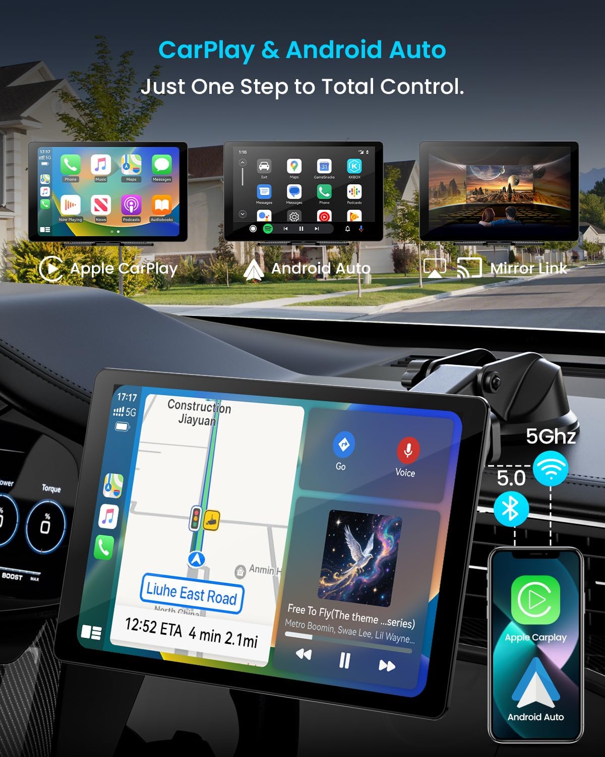 Écran sans fil extra large Apple CarPlay 11 pouces pour voiture – Autoradio tactile ultra-fin de 0,16 pouce doté de Android Auto, caméra embarquée 4K, caméra de recul 1080p, GPS, Mirror Link et commande vocale