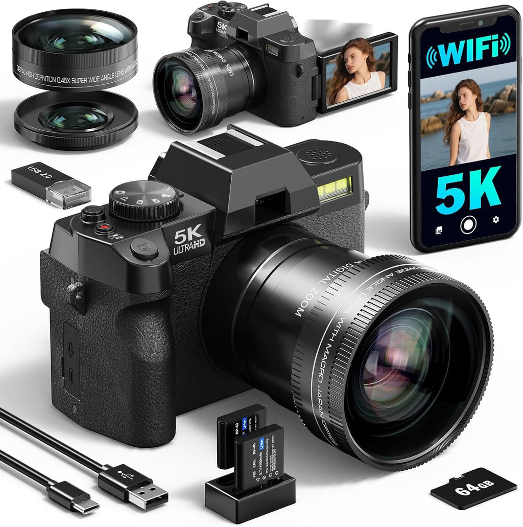 Caméra numérique 5K et 64 MP pour la photographie et la vidéo, idéale pour le vlogging sur YouTube. Appareil photo compact doté de carte TF 64 Go, Wi-Fi, objectif à large champ et macro, autofocus et zoom 16x pour les débutants (– Noir).