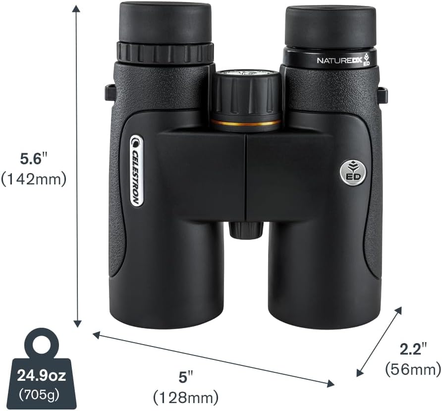 Jumelles Celestron–Nature DX ED 10x42 Premium – Objectifs à très faible dispersion – Jumelles pour l'extérieur et l'observation des oiseaux – Traitement multicouche intégral avec prismes BaK-4 – Revêtement en caoutchouc – Jumelles antibuée et rési…