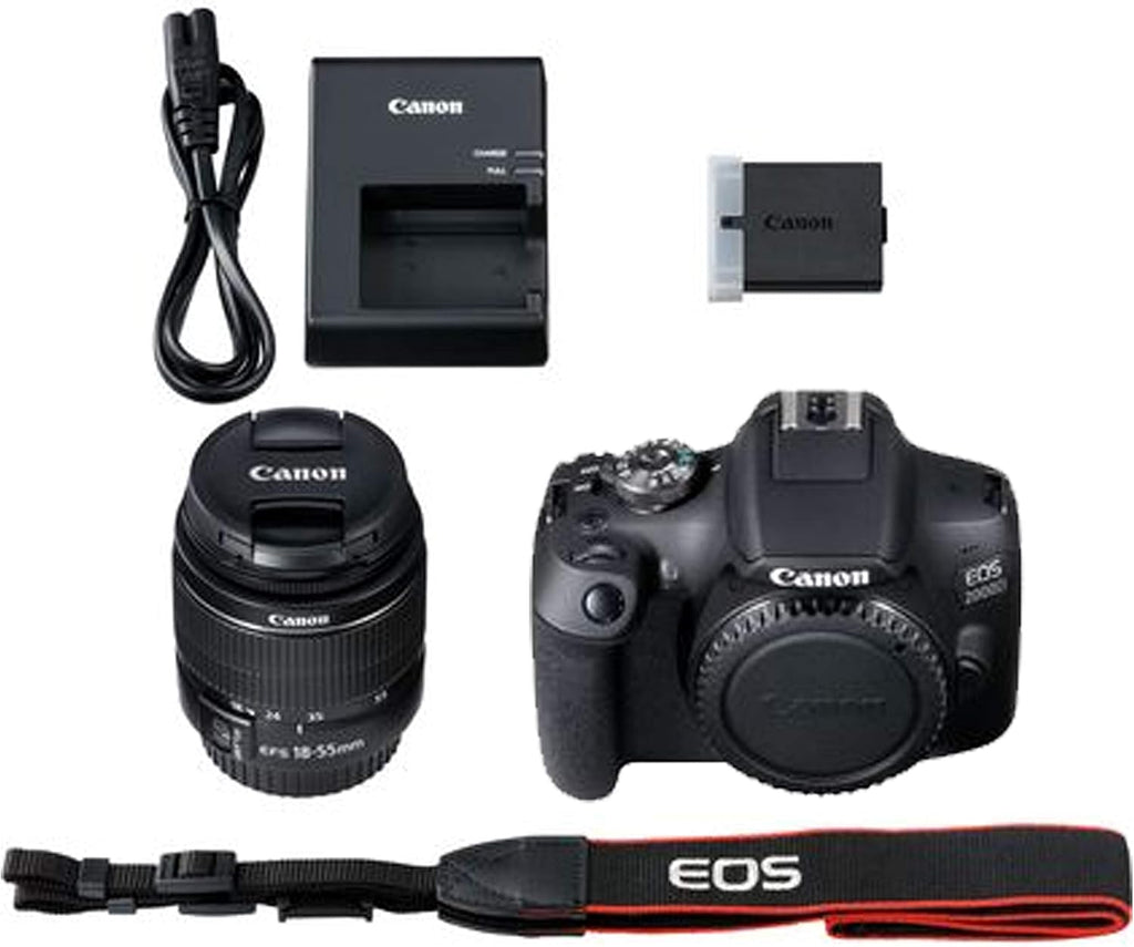 Reflex numérique Canon EOS 2000D / Rebel T7 doté de objectif zoom EF-S 18-55 mm F/3.5-5.6, carte de stockage 64 Go, éclairage vidéo LED, étui, trépied Gripster et accessoires (Kit essentiel) (Reconditionné)
