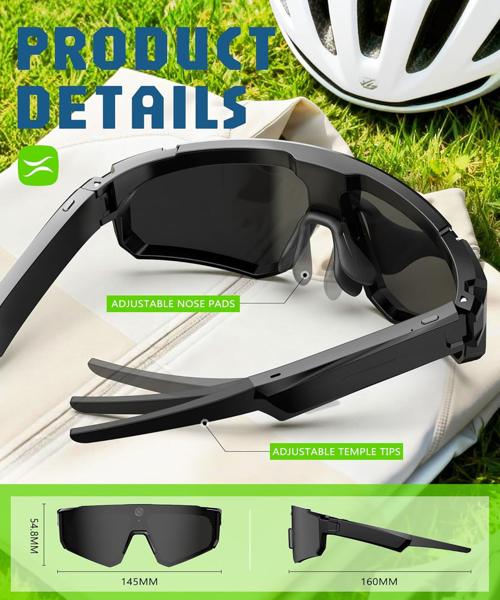 Lunettes intelligentes IA doté de caméra, enregistrement vidéo 4K, lunettes de soleil de sport polarisées doté de stabilisation EIS, double microphone et réduction du bruit, IP66, compatible ChatGPT