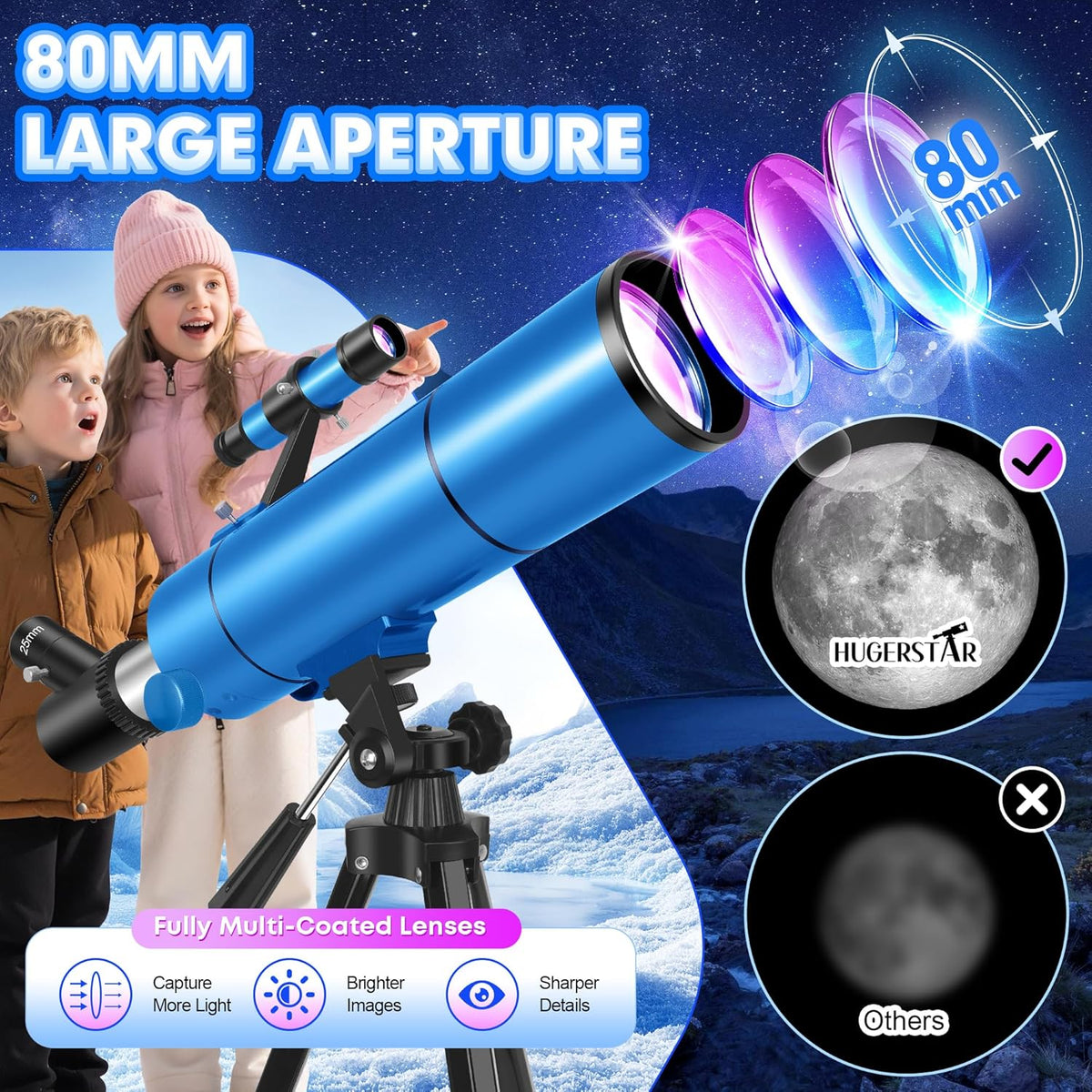 Lunette/télescope pour adultes et enfants, ouverture de 80 mm, grossissement de 500 mm (20x-150x), lunette astronomique professionnelle idéale pour les utilisateurs novices en astronomie. Lunette/télescope de voyage portable doté de trépied