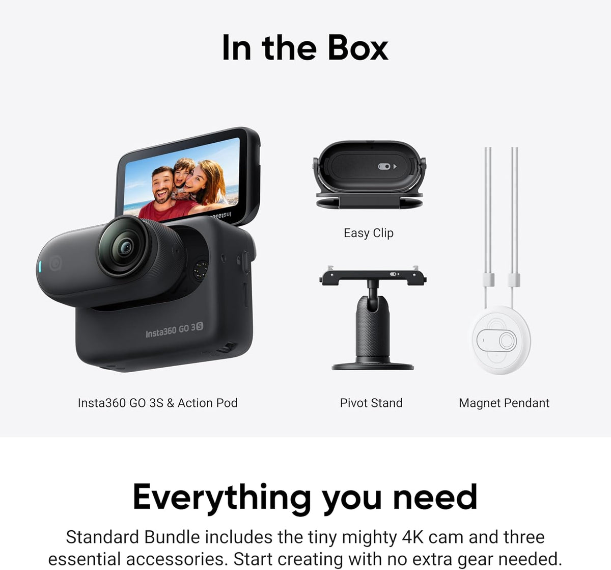 Insta360 GO 3S - 128 Go Noir 4K Mini Caméra Portable pour Vlogging Mains Libres POV Fixation Universelle Stabilisation Autonomie 140 min Étanche jusqu'à 10 m POV pour Animaux – Présentation