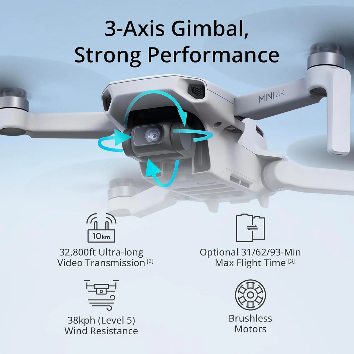 DJI Mini 4K, drone doté de caméra 4K UHD pour adultes, moins de 249 g, stabilisation sur nacelle 3 axes, transmission vidéo jusqu'à 10 km, retour automatique, résistance au vent, autonomie maximale de 31 minutes doté de une seule batterie