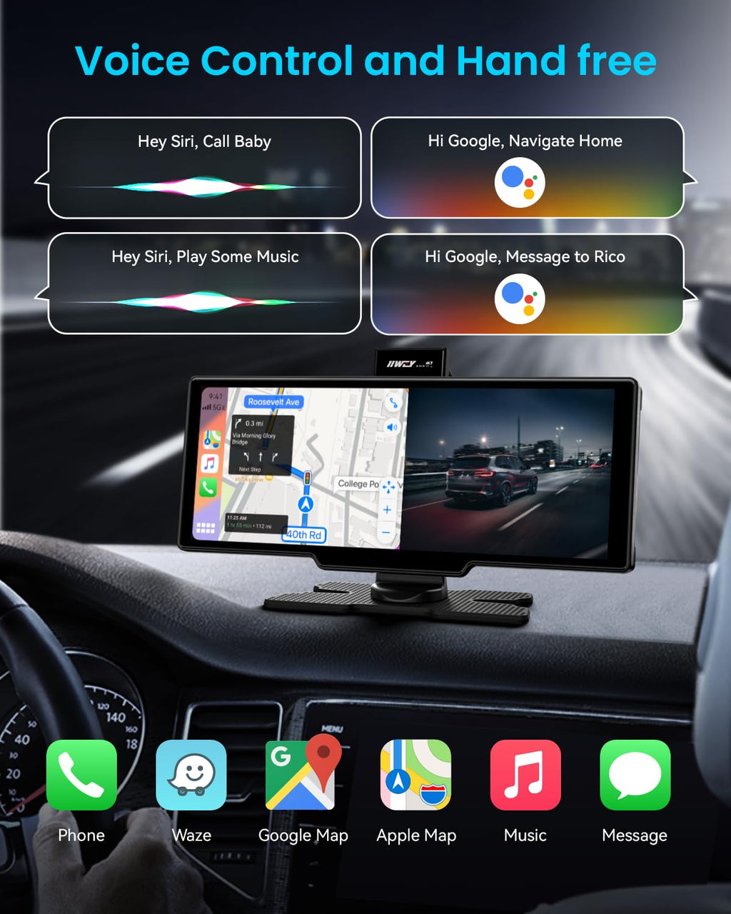 Écran portable IIWEY Apple CarPlay 10 pouces, autoradio doté de caméra embarquée 4K