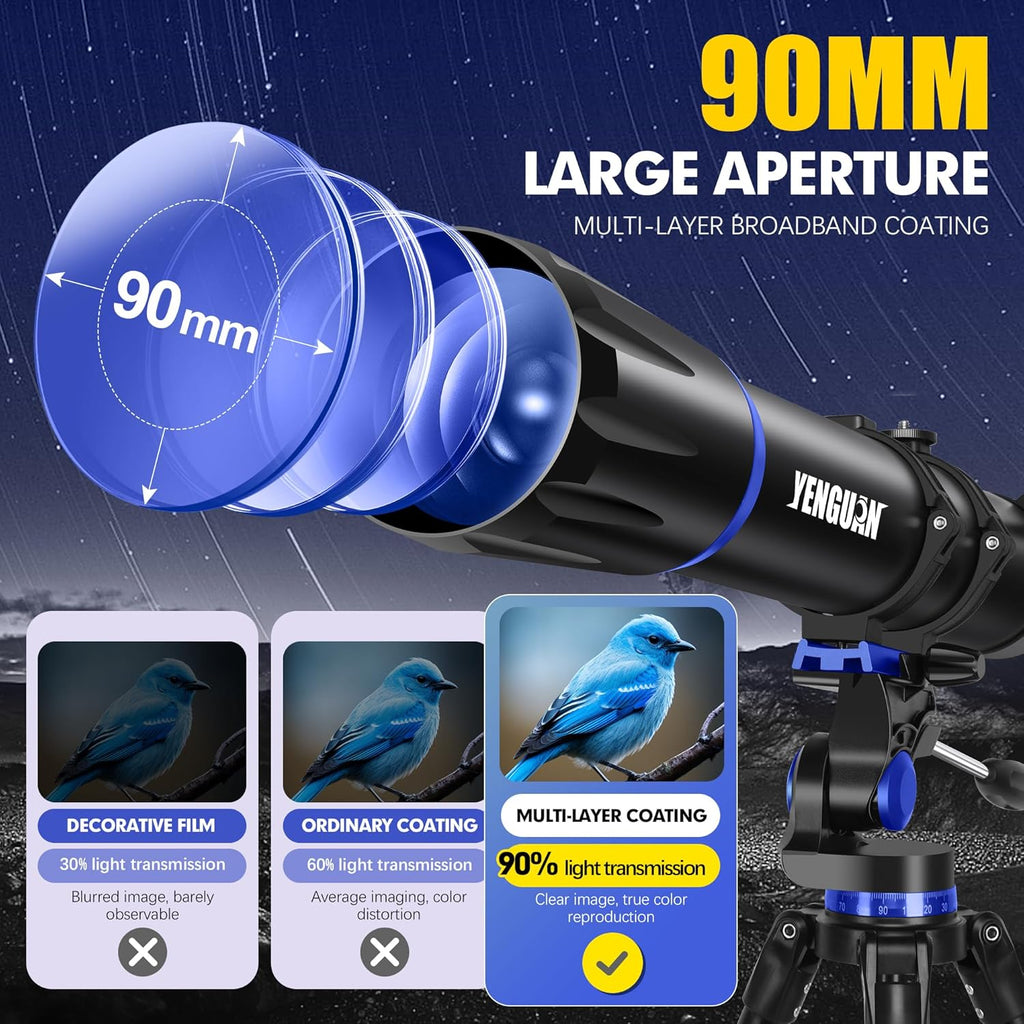 Lunette/télescope 90 mm d'ouverture, focale de 800 mm - Lunette/télescope réfracteur professionnel pour adultes et enfants, haute puissance, simple à prendre en main pour les utilisateurs novices, adaptateur pour téléphone