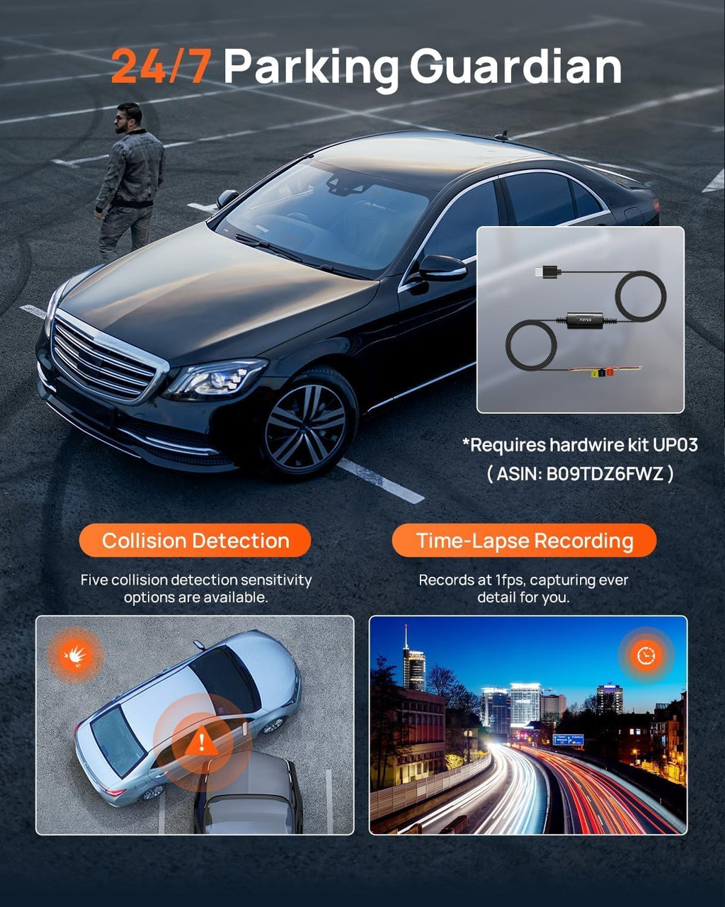 Caméra embarquée 70mai 4K doté de vision avant et arrière, Wi-Fi 6 et GPS intégrés, vision nocturne exceptionnelle, ADAS, écran IPS 3 pouces, mode parking 24h, enregistrement en boucle accéléré doté de carte 128 Go (A800SE)