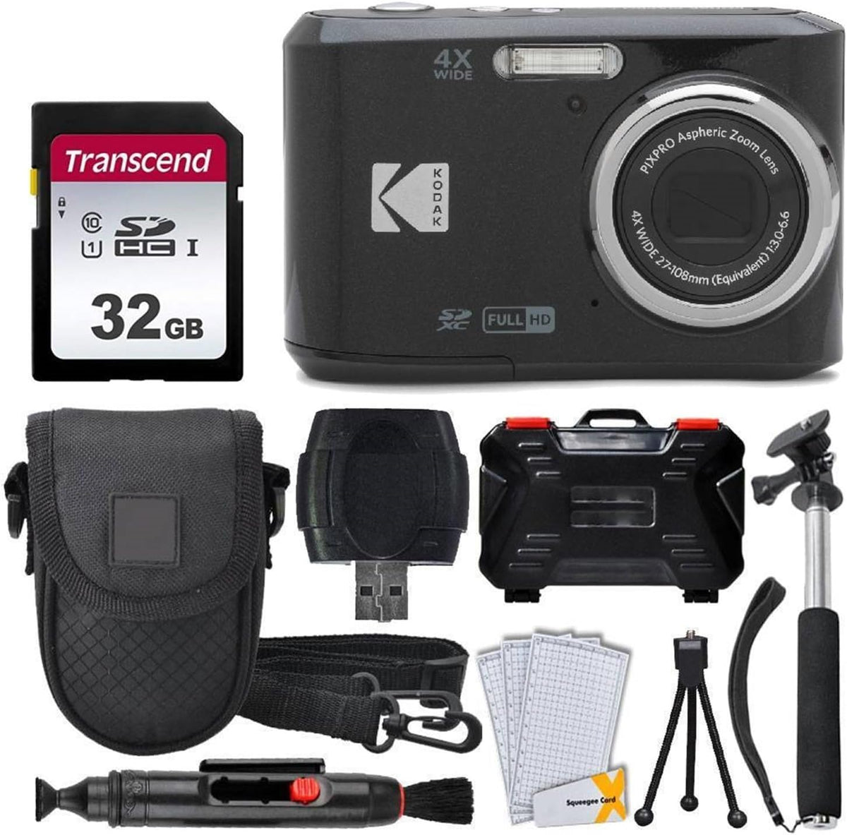 Kodak PIXPRO FZ45 Appareil photo numérique, carte mémoire 32 Go, étui, monopode extensible, stylo de nettoyage d'objectif, protections d'écran LCD, trépied de table – Pack ultime (– Noir)