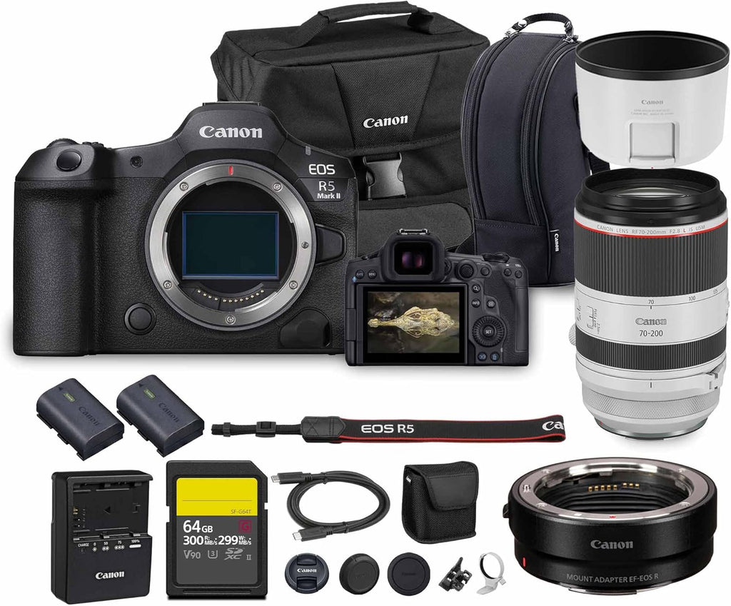 Appareil photo hybride Canon EOS R5 Mark II | Capteur plein format 45 Mpx | Enregistrement vidéo 8K | Stabilisation d'image intégrée (IBIS) avancée pour les professionnels (6536C002) + Objectif Canon RF 70-200 mm + Adaptateur EF-EOS R + Accessoire…
