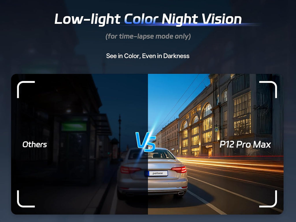 Caméra embarquée Pelsee 4K+2,5K doté de rétroviseur, caméra avant Starvis 2 IMX678 et caméra arrière IMX335 12 pouces, vision nocturne couleur, Wi-Fi 5,8 GHz, ADAS et BSD inclus, kit de câblage OBD, carte de stockage 128 Go, P12 Pro Max