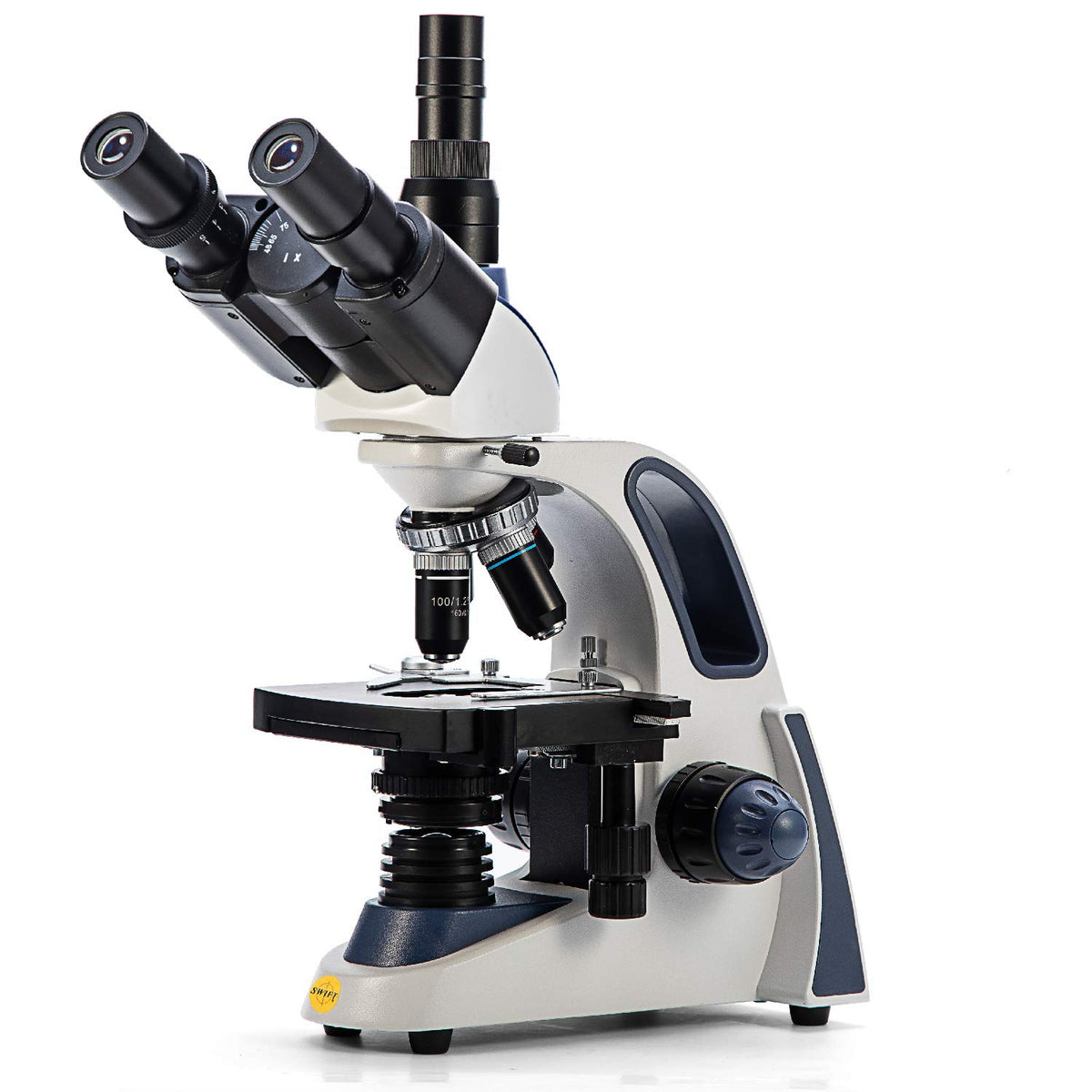 Microscope de laboratoire trinoculaire de laboratoire composé Swift SW380T, grossissement 40X-2500X, tête Siedentopf, qualité recherche, doté de oculaires grand champ 10X/25X, platine mécanique, mise au point ultra-précise