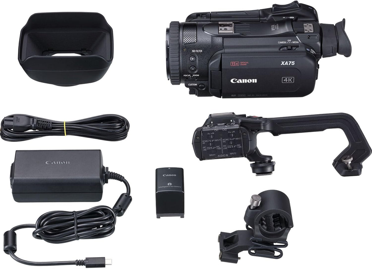 Caméscope professionnel Canon XA75 UHD 4K doté de zoom optique 15x, capteur CMOS 1 pouce, double sortie audio XLR, sorties SDI et HDMI, autofocus Dual Pixel, USB-C, streaming en direct et stabilisation 5 axes (inclus).
