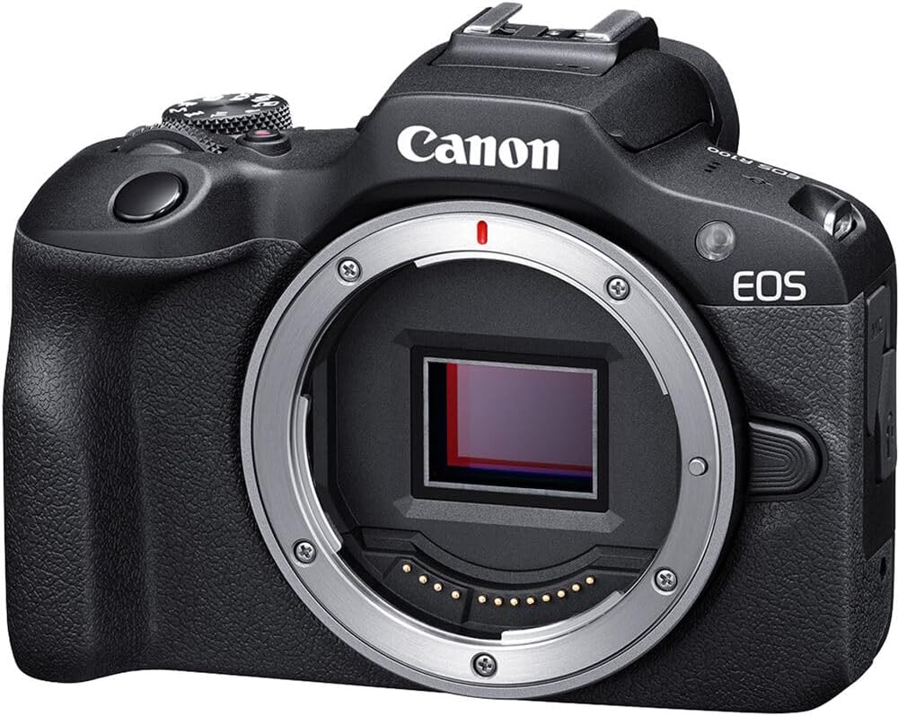 Appareil photo hybride Canon EOS R100 doté de objectif RF-S 18-45 mm f/4.5-6.3 IS STM | Capteur CMOS APS-C 24,1 Mpx | Autofocus Dual Pixel | Vidéo Full HD | Appareil photo compact à monture RF idéal pour débutants, doté de sac et carte mémoire 64 Go